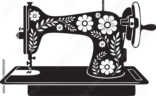 Vintage sewing machine with floral design, antique sewing equipment silhouette, hobby, craft, textile art