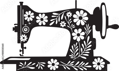 Vintage sewing machine silhouette with floral ornate patterns for crafts and sewing hobbyists and retro design elements