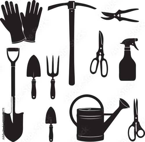 Gardening tools and supplies collection in silhouette including shovel, rake, watering can, gloves, and clippers for garden work
