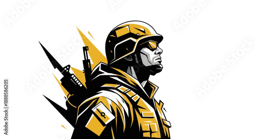 Soldier illustration armed and ready in yellow and black against white