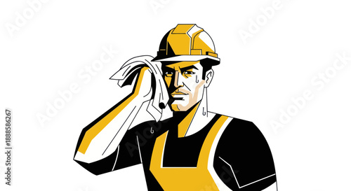 Stressed construction worker wiping sweat illustration for labor and hard work