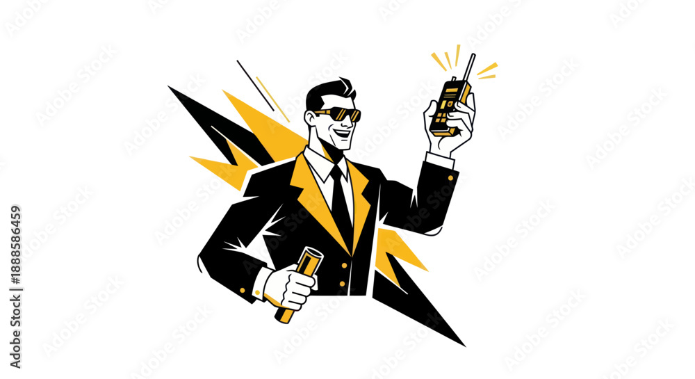 Obraz premium Stylish man holding communication device with lightning illustration