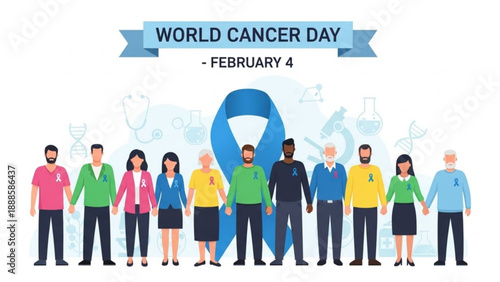 Diverse group of people standing united for world cancer day on february 4 supporting cancer awareness with a large blue ribbon