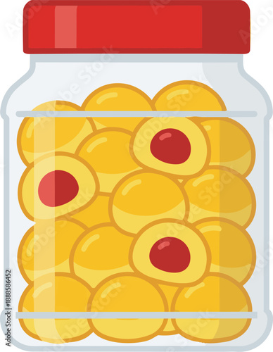 Flat vector illustration of a clear plastic jar full of Nastar pineapple tart cookies for Eid al-Fitr traditional snack.