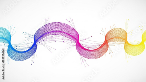Vibrant multicolored waveform with network connections on white background representing data flow and technology