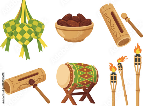 Flat vector illustration set of traditional Indonesian Ramadan and Eid al-Fitr symbols including Ketupat, Bedug drum, Dates, and Torch.