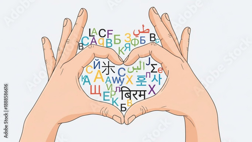 Hands forming heart shape with colorful alphabet letters symbolizing love for languages and communication