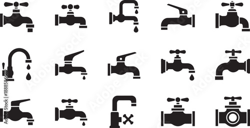 Black and white faucet icons set with various taps and water drops