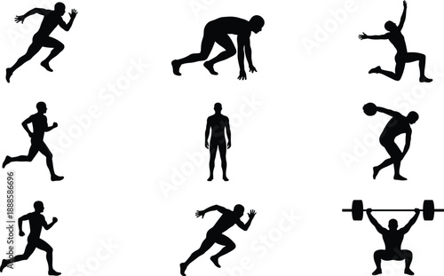 Black athlete silhouette collection showing running, jumping, sprinting and weightlifting exercises, sports fitness training vector illustration isolated on white background design set