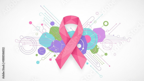 Pink breast cancer awareness ribbon with colorful geometric shapes and lines on white background for support and fundraising campaigns