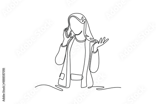 A professional businesswoman is engaged in a phone conversation. Communication concept. Single line draw design. Full length animation illustration. High quality 4k footage
