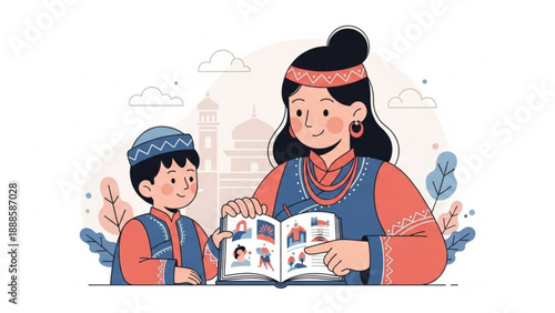 Woman and child reading book together smiling educational moment learning literacy bonding cultural background traditional clothing e learning homeschooling family values