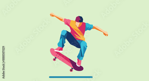 Man performing skateboarding trick with vibrant clothing.