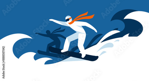 Snowboarder in action on a snowy slope with dynamic movement.