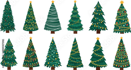 Vector illustration of 12 decorated Christmas trees with ornaments, garlands, and lights in symmetrical festive designs