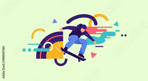 Vibrant skateboarder in dynamic motion with colorful abstract shapes.