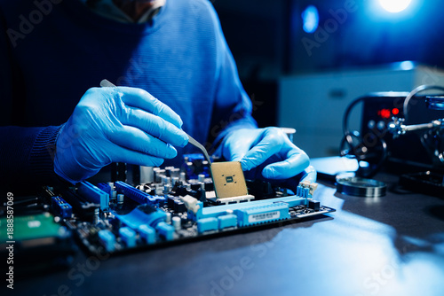 Tableau sur toile The technician is putting the CPU on the socket of the computer motherboard