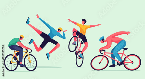 Cyclists riding bicycles with one person falling off.