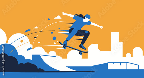 Dynamic skateboarder performing a trick in mid-air against a city skyline.