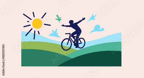 Person Riding Bicycle Freely in Green Landscape with Birds and Sun.