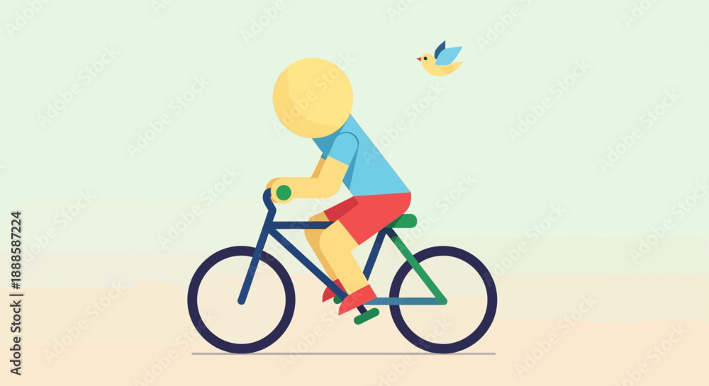 Fototapeta premium A cartoon boy riding a bicycle with birds flying nearby.