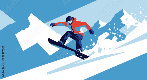 Snowboarder in Action on Mountain Slope.