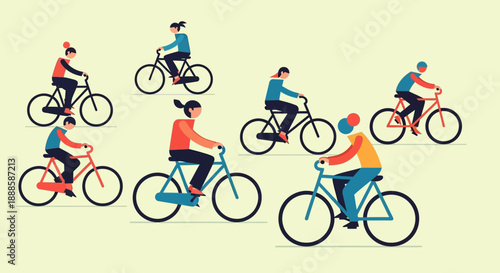Group of cyclists riding bicycles in different directions.