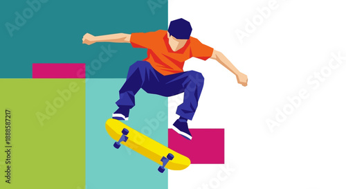 Young man performing skateboarding trick on yellow skateboard.