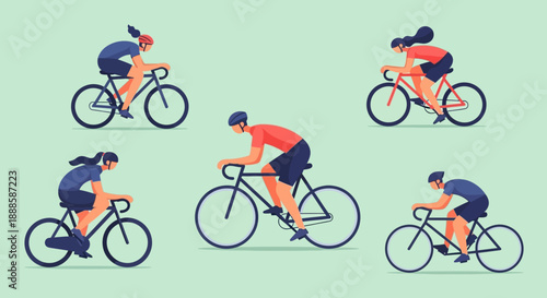 Cyclists riding bicycles in various positions on a light green background.