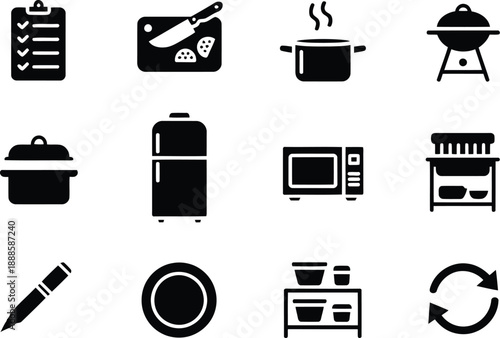 Selection of black silhouette icons showcasing essential kitchen appliances cooking tools and common office items