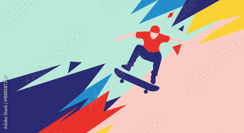 Vibrant skateboarder performing a trick in mid-air with dynamic abstract background.