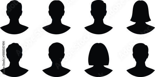 Set of eight black generic people silhouettes representing default user profile pictures and online identities