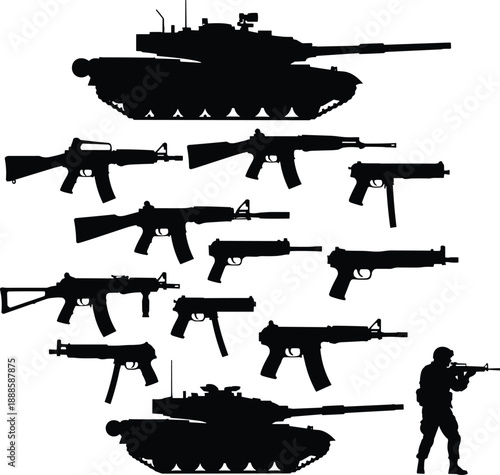 Black military weapons silhouette set featuring tanks, rifles, guns and armed soldier, army combat equipment vector illustration isolated on white background design