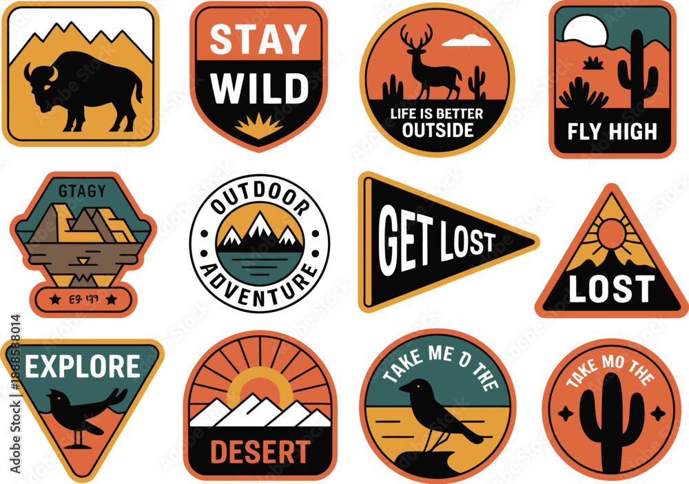 Obraz premium Set of twelve colorful outdoor adventure stickers with nature motifs