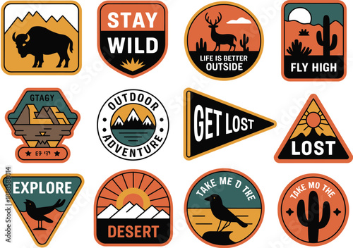 Set of twelve colorful outdoor adventure stickers with nature motifs