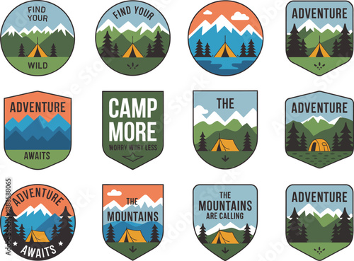Colorful camping adventure badges with mountains and tents 1