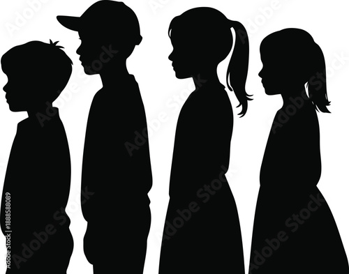 Silhouettes of four young children in profile standing in a straight line facing the left