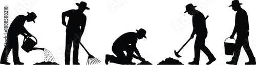 Silhouettes of gardeners performing various outdoor tasks like raking watering and digging soil