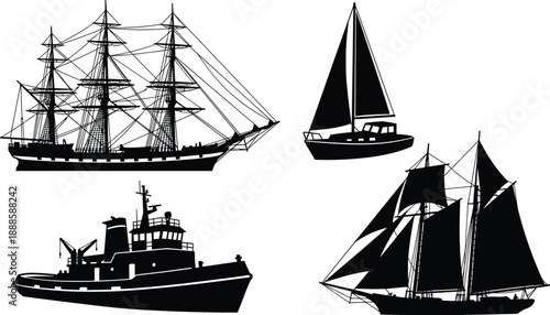 Black ship and boat silhouette collection featuring sailing vessels, tall ships and modern boats, nautical marine vector illustration isolated on white background design set