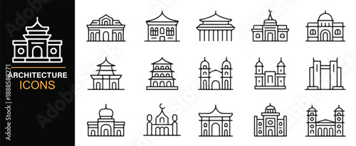 Architectural facade line illustration icons collection