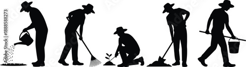 Silhouettes of men gardening, showing different actions like watering, raking, planting, and shoveling soil