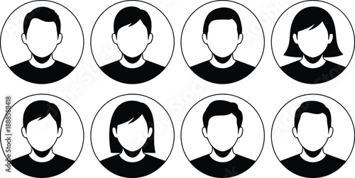 Simple black and white circular avatar icons for diverse male and female user profiles
