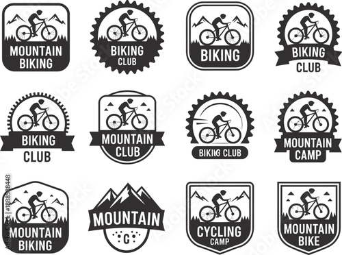 Black and white mountain biking club with cyclists and mountains