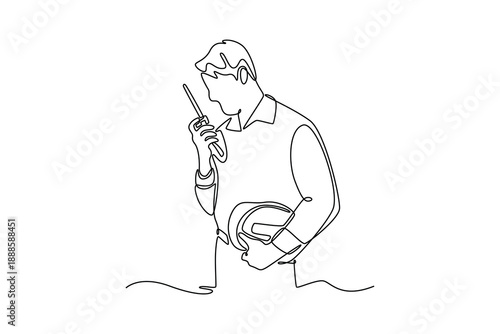 Male Engineer Using Handy Talky For Effective Communication. Communication concept. Single line draw design. Full length animation illustration. High quality 4k footage