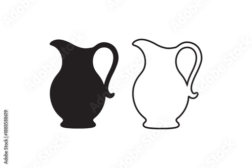 Water pitcher icon set including black silhouette and outline drawing isolated on white background