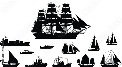 Black ship and boat silhouette collection featuring tall sailing ships, yachts and modern vessels, nautical marine vector illustration isolated on white background design set