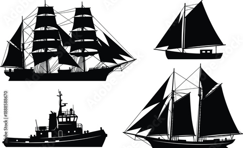 Black ship silhouette collection featuring tall sailing ships, classic sailboats and modern vessels, nautical marine vector illustration isolated on white background design set
