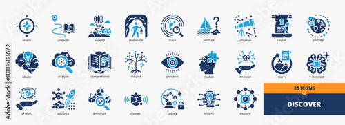 Set of a collection of discover icons suitable for web and mobile application. Set of glyph blue style icons with orient, connect, ascend, illuminate, ideate, and more icons