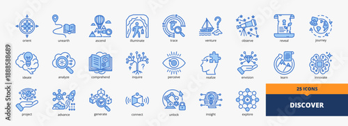 Set of a collection of discover icons suitable for web and mobile application. Set of outline blue style icons with orient, connect, ascend, illuminate, ideate, and more icons
