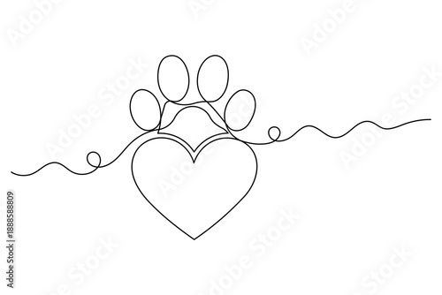 Dog paw above heart continuous one line drawing minimalist vector illustration